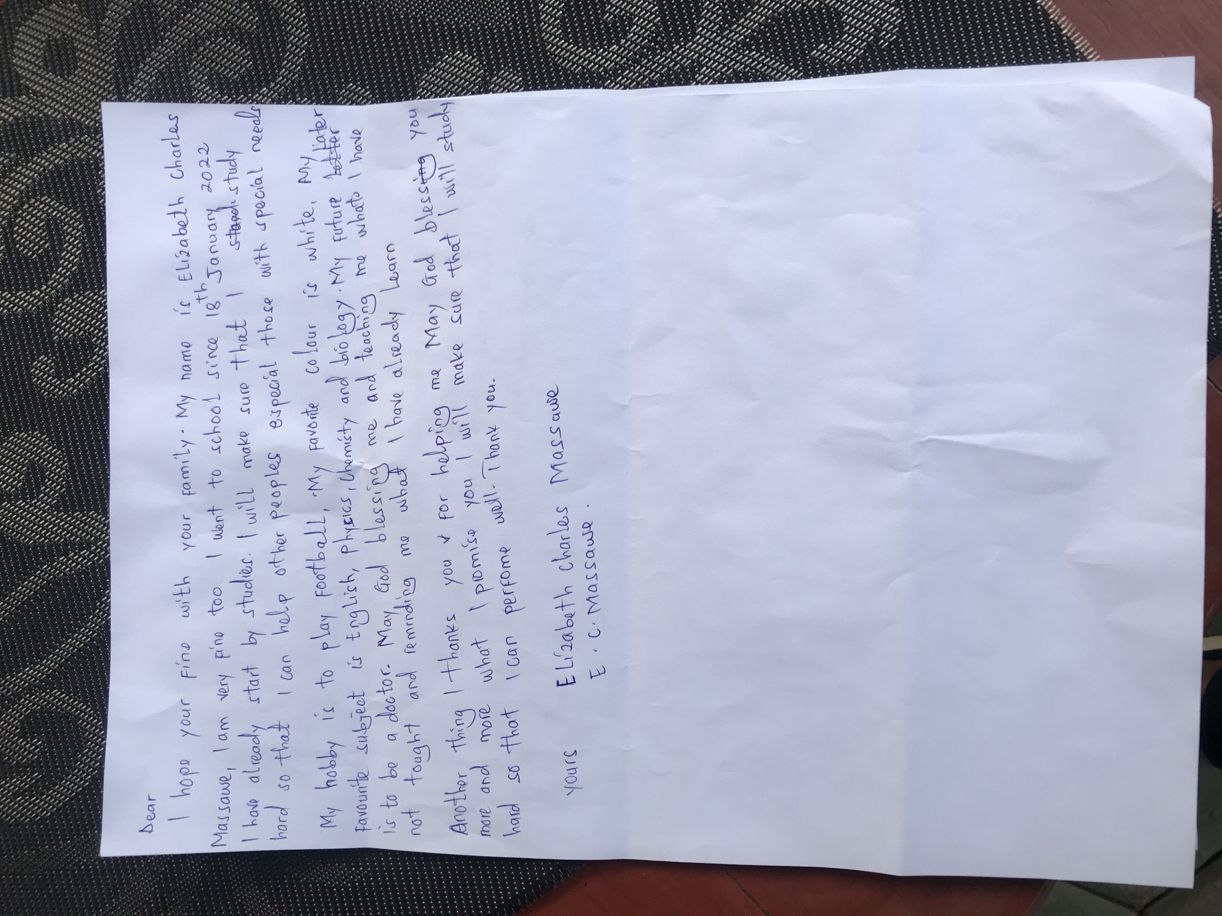 Letter from our first scholar